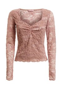 Langärmliges, roséfarbenes Spitzentop mit quadratischem Ausschnitt, das mit floralen Mustern, einer gerüschten Vorderseite und gewellten Kanten versehen ist.