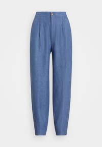 Modré lněné kalhoty s vysokým pasem, vybavené předními sklady, zapínáním na jeden knoflík a zúženými nohavicemi. Hladká textura a lehká látka.