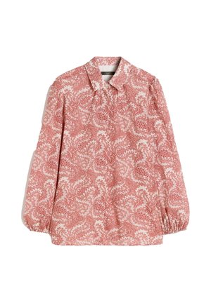Blusa a maniche lunghe con motivo paisley rosa e bianco, collo con colletto e polsini elasticizzati su sfondo bianco.