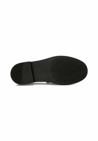 Black rubber shoe sole featuring a smooth section with textured grooves for traction. Includes a rounded toe and slight heel.
