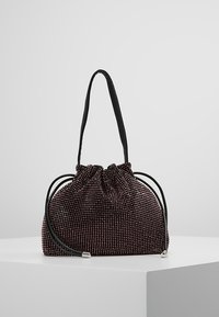 Beaded drawstring bag in dark purple with a soft texture, featuring black synthetic straps and silver-tone hardware accents.