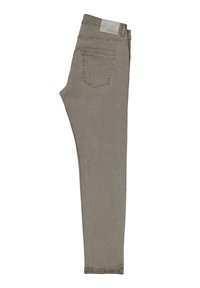 Khaki skinny jeans made from denim, featuring five-pocket design with a front coin pocket, zip fly, and a smooth texture.