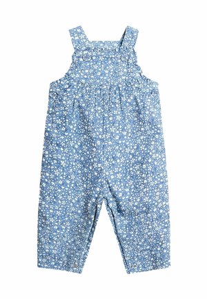 Barboteuse bleue pour bébé avec imprimé floral blanc, dotée de bretelles et de fermetures à pression aux jambes pour un habillage facile.