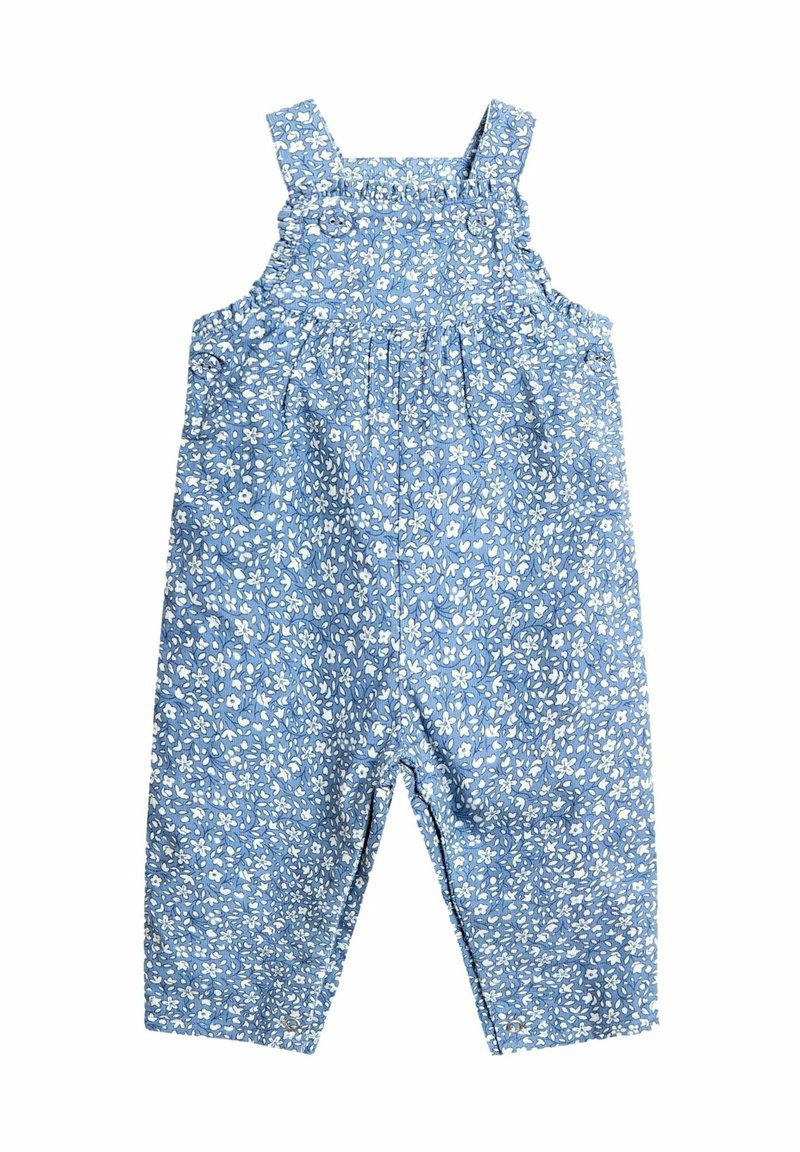 Barboteuse bleue pour bébé avec imprimé floral blanc, dotée de bretelles et de fermetures à pression aux jambes pour un habillage facile.