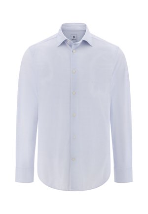 Camisa de manga larga azul claro con cuello puntiagudo, placket frontal y cierre de botones. Presenta una textura sutil y un diseño de ajuste regular.