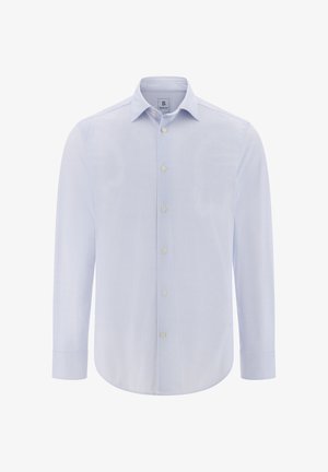 Chemise à manches longues bleu clair avec un col pointe, une patte de boutonnage et une fermeture à boutons. Présente une texture subtile et un design à coupe régulière.