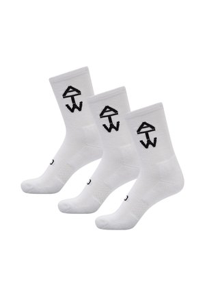 Weiße Baumwollsocken mit einem schwarzen Grafiklogo am Bündchen, ausgestattet mit einem gerippten Muster und in standardmäßiger Crew-Länge. Im Paket sind drei Paar enthalten.
