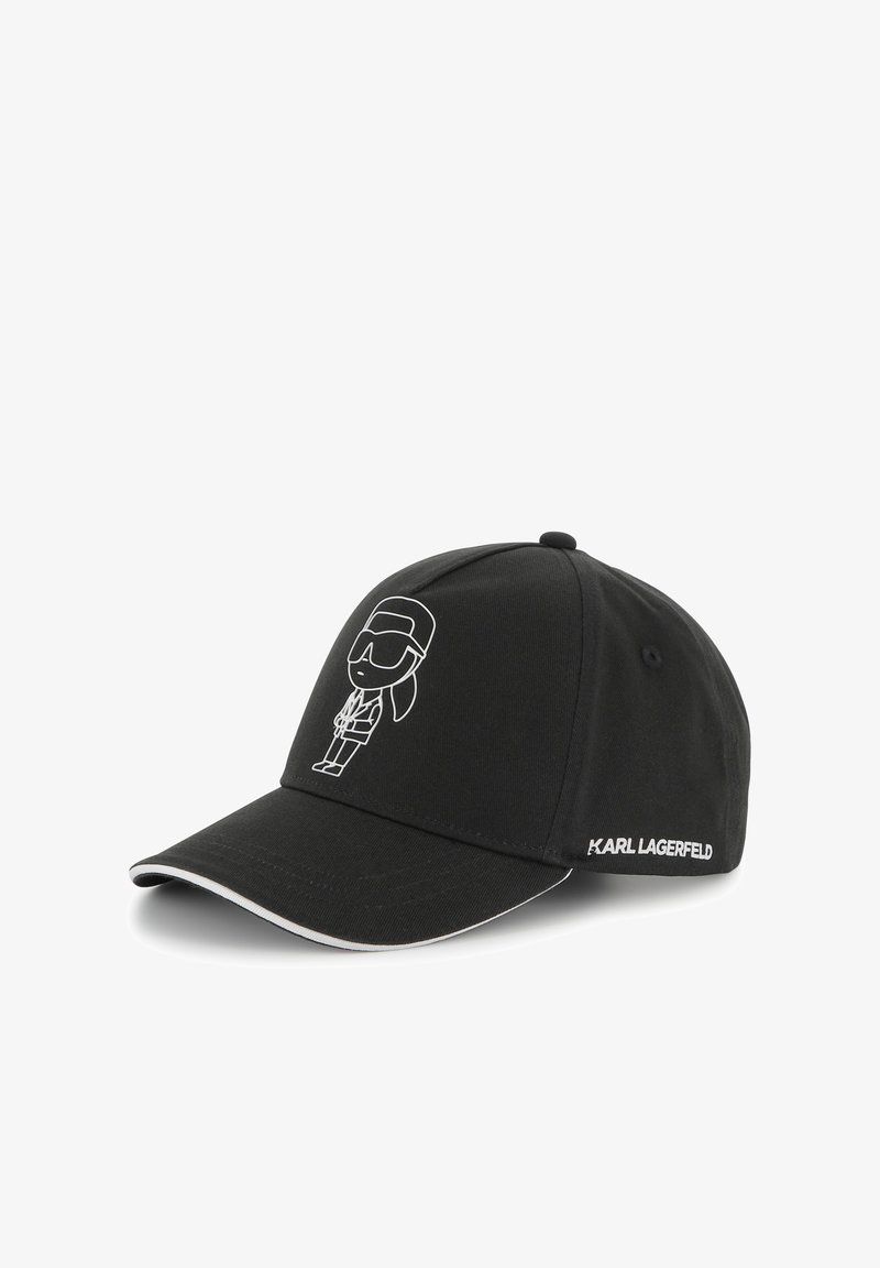 Casquette de baseball noire en coton avec un graphique de dessin animé blanc à l'avant et "KARL LAGERFELD" brodé sur le côté.