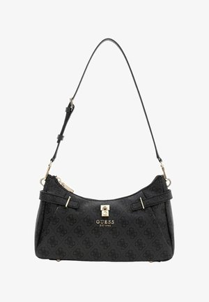 Sac à main synthétique noir de forme incurvée, orné d'un motif de logo en relief, avec des ferrures dorées et une bandoulière détachable. Dispose d'une fermeture éclair.