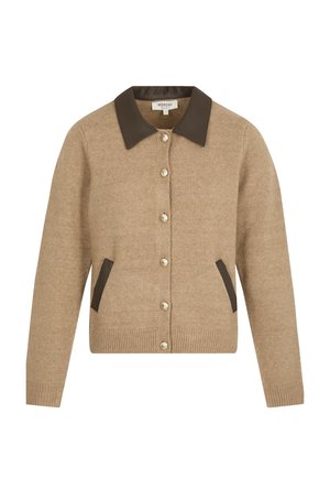 Beige knoopvest met donkerbruine kraag en accent op de zakken, geribde manchetten en onderkant, lichtgewicht gebreide stof.