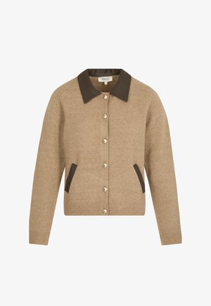 Beige knoopvest met donkerbruine kraag en accent op de zakken, geribde manchetten en onderkant, lichtgewicht gebreide stof.