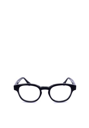 Occhiali rettangolari neri con montatura spessa e lenti trasparenti, mostrati su uno sfondo bianco.