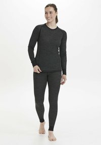 Zwarte, nauwsluitende thermotop met lange mouwen en een ronde hals, gecombineerd met bijpassende legging, beide met een textuurstof en contrasterende manchetten.