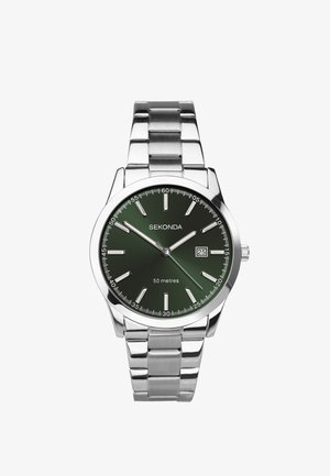 Montre en acier inoxydable argenté avec un cadran dégradé vert, index horaires en relief, affichage de la date et résistance à l'eau jusqu'à 50 mètres.
