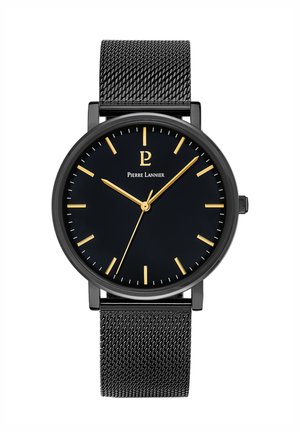Schwarze Metall-Uhr mit rundem Ziffernblatt, goldenen Stundenmarkierungen und Zeigern sowie einem Mesh-Armband. Auf dem Ziffernblatt steht der Markenname "Pierre Lannier".