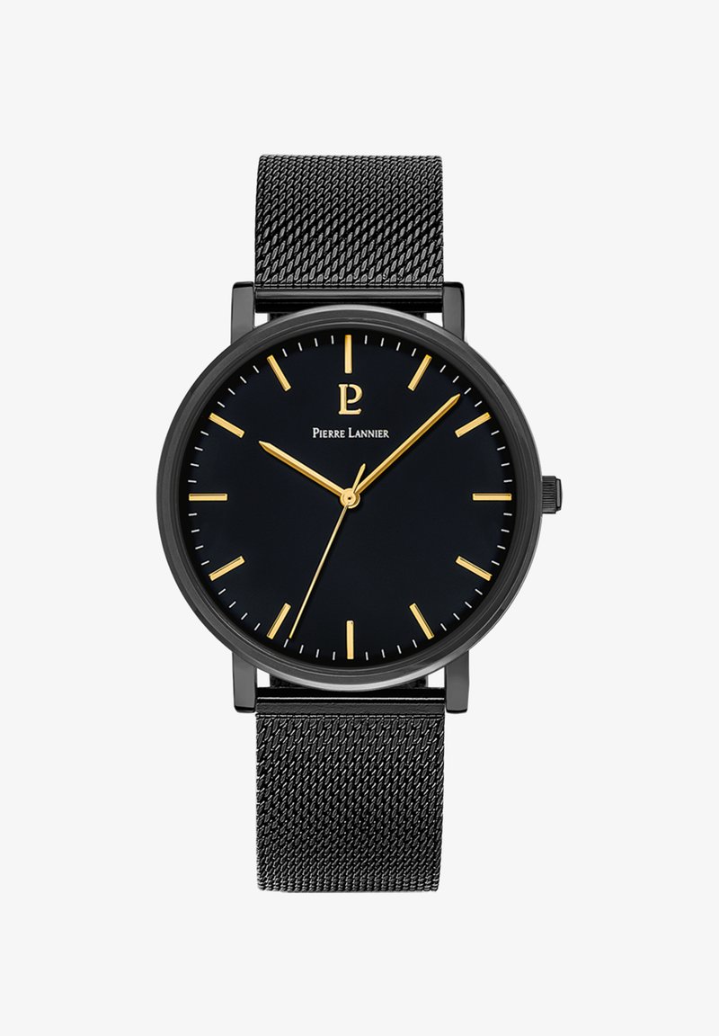 Montre noire avec un cadran rond, index et aiguilles dorés, et un bracelet en maille. Porte le nom de la marque "Pierre Lannier" sur le cadran.