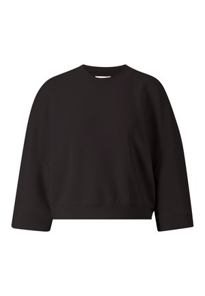 Zwarte cropped sweatshirt gemaakt van zachte stof met een ronde halslijn en brede, verlaagde schouders. Zachte textuur, geen patronen of accenten.