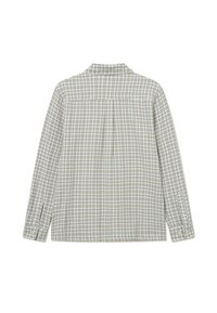 Lange mouw shirt in een licht geruit patroon met groene, beige en grijze kleuren. Gemaakt van een zachte stof met een plooi detail aan de achterkant.