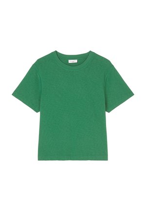 Groen T-shirt met korte mouwen en een ronde hals, met een rechte zoom, plat gelegd op een witte achtergrond.