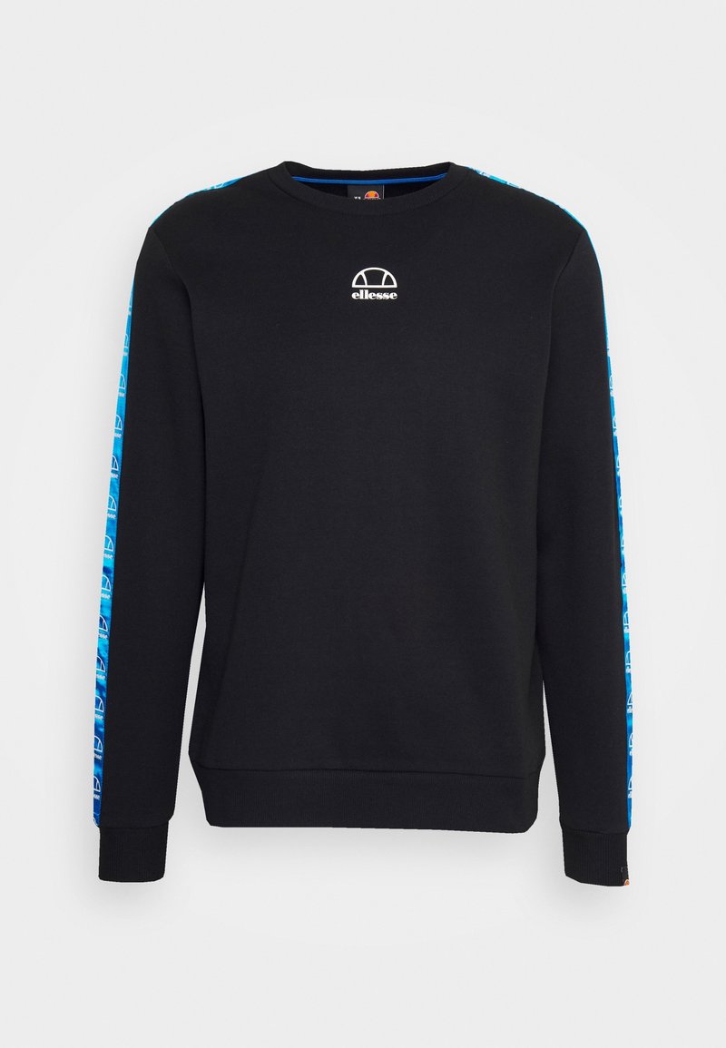 Sweat-shirt noir à col rond avec un ruban bleu comportant des logos blancs courant le long des manches et un petit logo centré sur la poitrine.