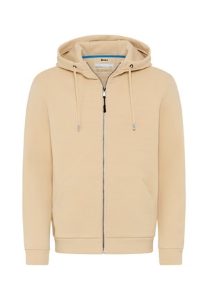 Beige Kapuzenpullover mit Reißverschluss, Kordelzug-Haube, Kängurutaschen und gerippten Bündchen. Hergestellt aus weichem Stoff mit einer glatten Textur und minimaler Details.