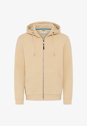 Beige Kapuzenpullover mit Reißverschluss, Kordelzug-Haube, Kängurutaschen und gerippten Bündchen. Hergestellt aus weichem Stoff mit einer glatten Textur und minimaler Details.