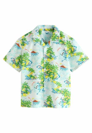 Koszula z krótkim rękawem wykonana z lekkiej tkaniny, z tropikalnym nadrukiem przedstawiającym palmy, fale i elementy plażowe w żywych kolorach na niebieskim tle.