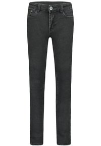 Slim-fit svarta jeans i denim med framknapp, dragkedjestängning och femfickorsdesign.