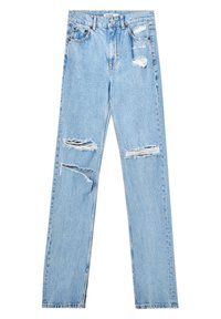 Jeans in denim azzurro chiaro con una vestibilità comoda, caratterizzati da numerosi strappi vissuti e orli sfrangiati. Design classico a cinque tasche e chiusura a bottone.