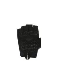 Schwarze fingerlose Handschuhe aus atmungsaktivem Material, mit strukturierten Griffpolstern, einem gepolsterten Handflächenbereich und elastischer Handgelenksunterstützung.