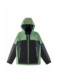 Grüne und schwarze Jacke mit Kapuze; verfügt über Reißverschlusstaschen, kontrastierende Einsätze und ein wasserabweisendes Material. Glatte Textur, leichtes Design.