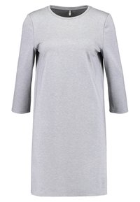 Hellgraues knielanges Kleid aus weichem Stoff mit Rundhalsausschnitt und locker sitzenden Dreiviertelärmeln.