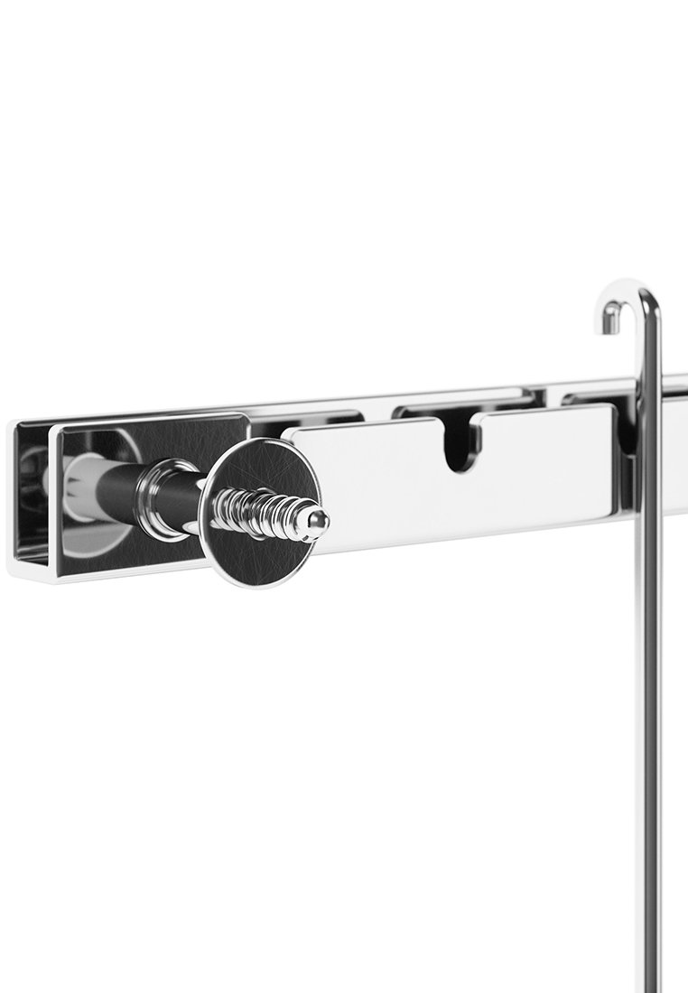 Gancho de pared cromado con un cuerpo cilíndrico, superficie plana y un detalle de tornillo. Presenta un acabado suave y reflectante, además de un diseño minimalista.