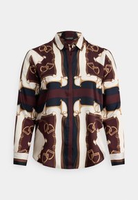 Μπλούζα με μακριά μανίκια που διαθέτει πολύχρωμο σχέδιο με μοτίβα αλόγου σε κρεμ και βουργουνδί φόντο· μεταξένιο ύφασμα, κλείνει με κουμπιά μπροστά.