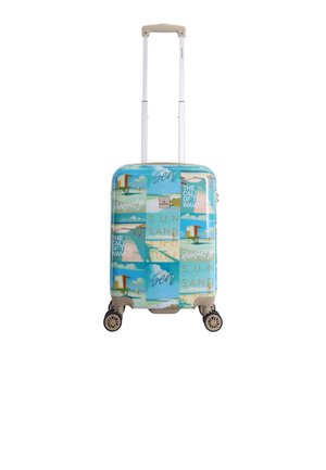 Hard-shell suitcase with a turquoise and pastel color pattern featuring beach-themed phrases, equipped with a retractable handle and spinner wheels.
