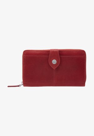 Red leather wallet with a smooth texture, zip closure, and a front flap. Features a silver round hardware logo accent.