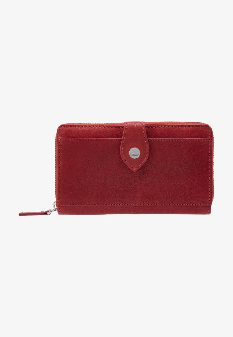 Red leather wallet with a smooth texture, zip closure, and a front flap. Features a silver round hardware logo accent.
