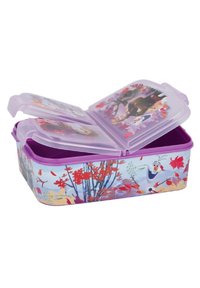 Plastic lunchbox met een paarse deksel en basis. Heeft kleurrijke herfstbladeren en karakterontwerpen aan de zijkanten, met twee compartments aan de binnenkant.