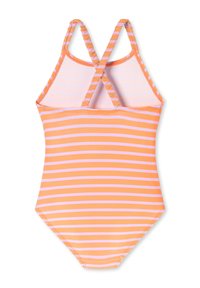 Gestreept badpak in oranje en roze, met gekruiste bandjes, een aansluitend ontwerp, een gladde textuur en een bescheiden uitsnijding bij de benen.