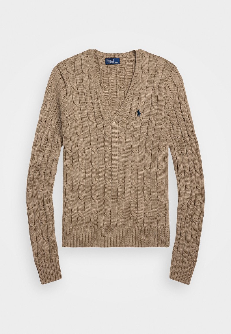 Beige cable-knit sweater with a v-neck, ribbed hem, and long sleeves. Features a small logo on the chest.