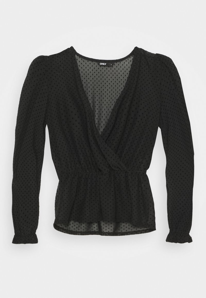 Blouse noire transparente à manches longues avec pois texturés, col en V profond à devant enveloppant, taille élastique et poignets froncés.