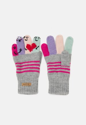 Gants en tricot gris avec des rayures roses ; chaque doigt a une couleur différente avec des visages de dessin animé et des motifs. Comprend une petite étiquette de marque.
