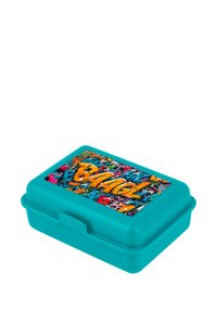 A rectangular lunchbox in turquoise plastic, featuring a colorful graffiti-style design on the lid with bold text and various vibrant patterns.