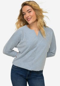 Lyseblå langærmet bluse med hvide vandrette striber, v-halsudskæring og en afslappet pasform. Stoffet har en glat tekstur og en subtil glans.