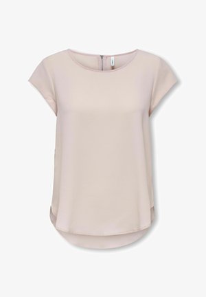 Blusa de manga curta em rosa claro, tecido texturizado, com decote redondo, fecho com zip na parte de trás, e bainha curva com fendas laterais.