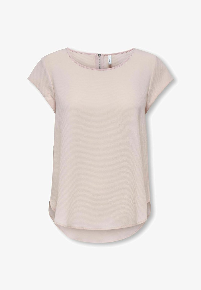 Blusa a maniche corte in rosa chiaro, tessuto texture, scollo rotondo, chiusura con zip sul retro, orlo curvo con spacchi laterali.