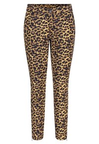Jeans ajustados de estampado de leopardo en beige y negro, con un diseño clásico de cinco bolsillos y detalles con cremallera en los puños. Material de mezcla de algodón.