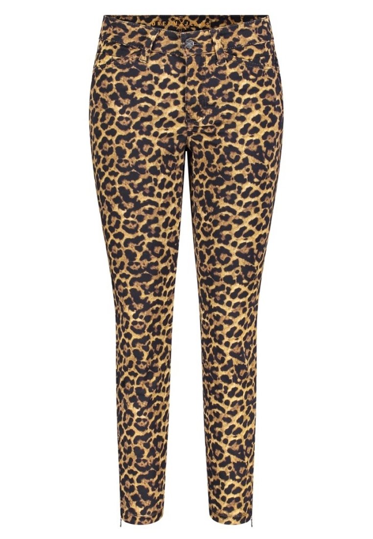 Jeans ajustados de estampado de leopardo en beige y negro, con un diseño clásico de cinco bolsillos y detalles con cremallera en los puños. Material de mezcla de algodón.