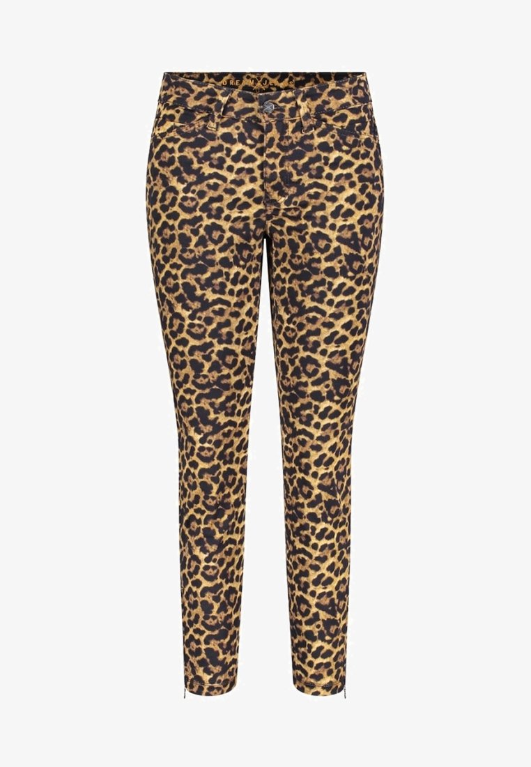 Jeans ajustados de estampado de leopardo en beige y negro, con un diseño clásico de cinco bolsillos y detalles con cremallera en los puños. Material de mezcla de algodón.