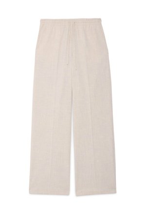 Pantalon beige à jambes larges avec taille élastique et cordon de serrage, fabriqué en tissu léger, idéal pour une tenue décontractée.